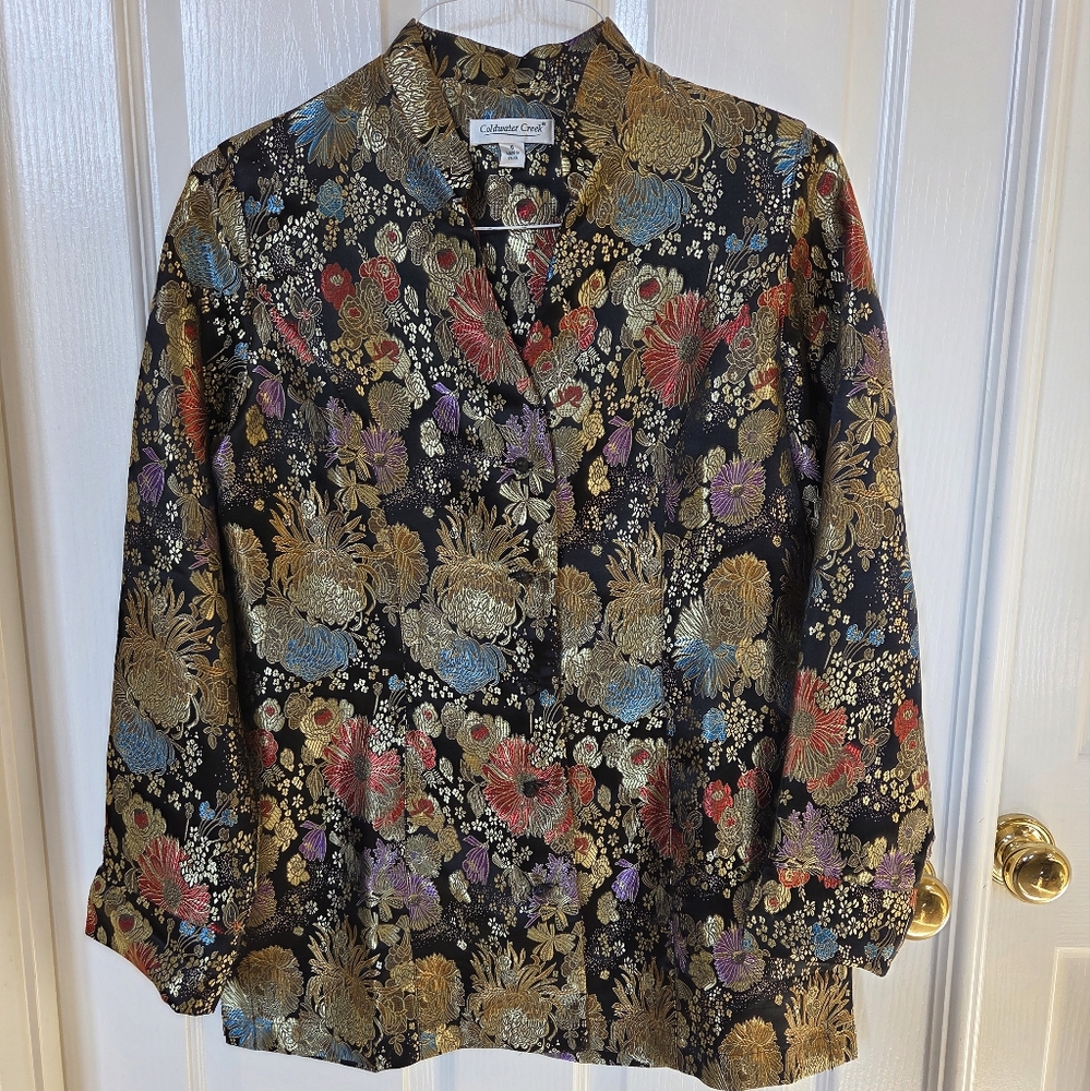 Coldwater Creek Black Gold Brocade Mandarin Collar Jacket Blazer Made In China 6